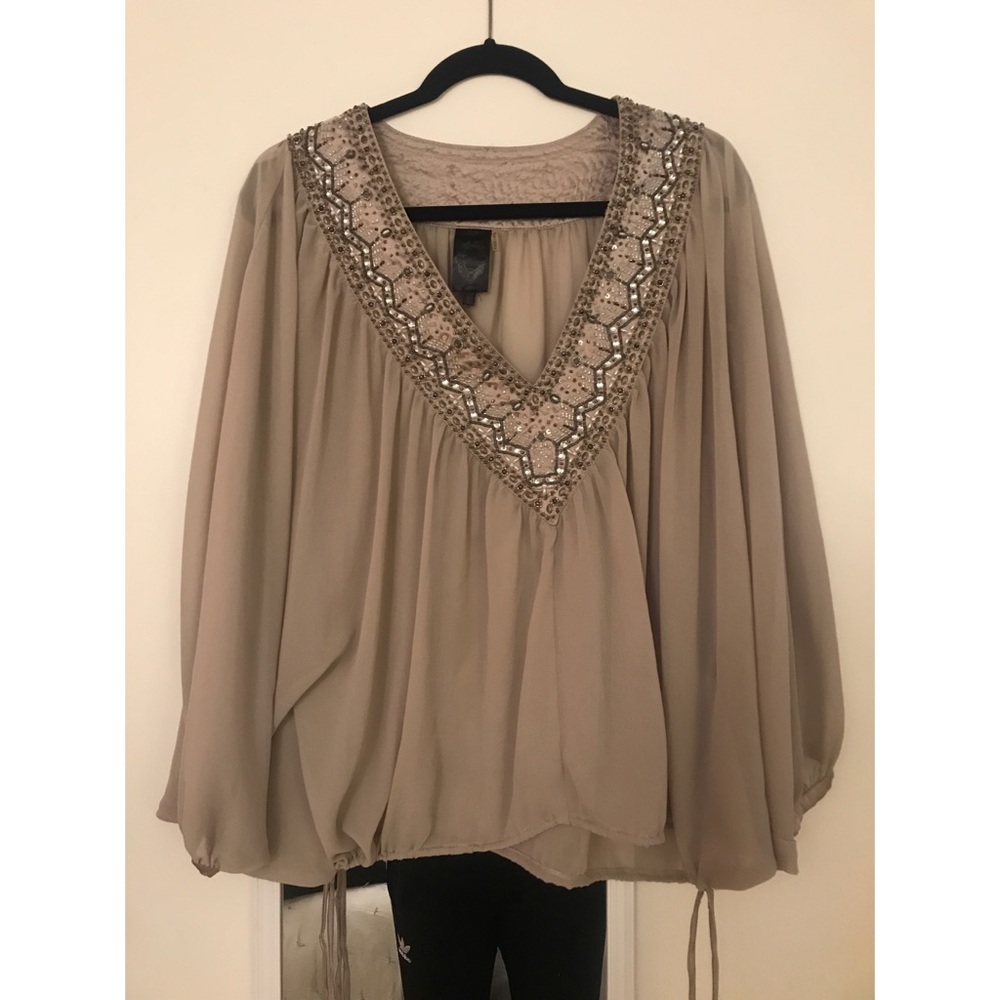 Beaded V-Neck Sheer Blouse